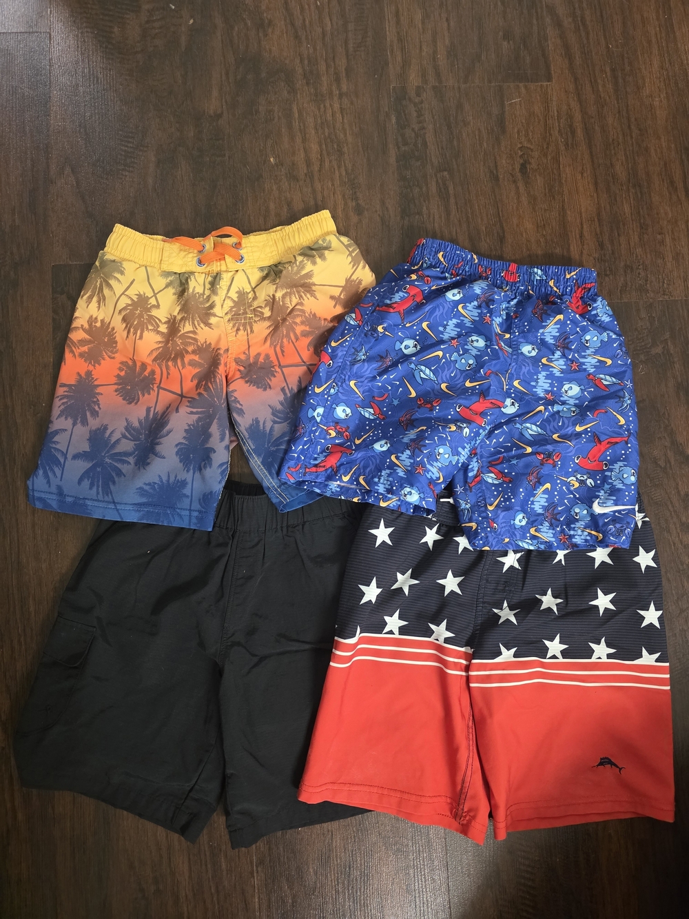 Kids Swim & Board Shorts Set- Palm, Blue Fish, Black, Red/Blue Stars Size 6-7